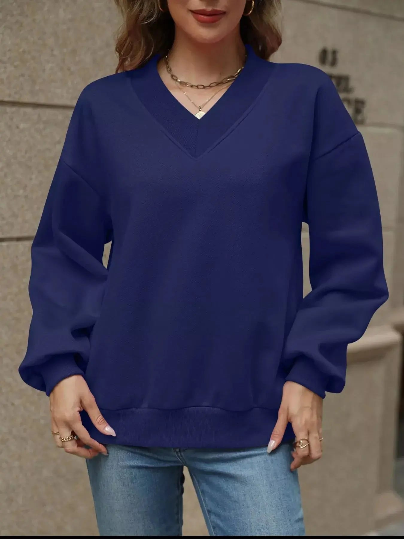 V-Neck Solid Color Casual Sweatshirt Simply Love