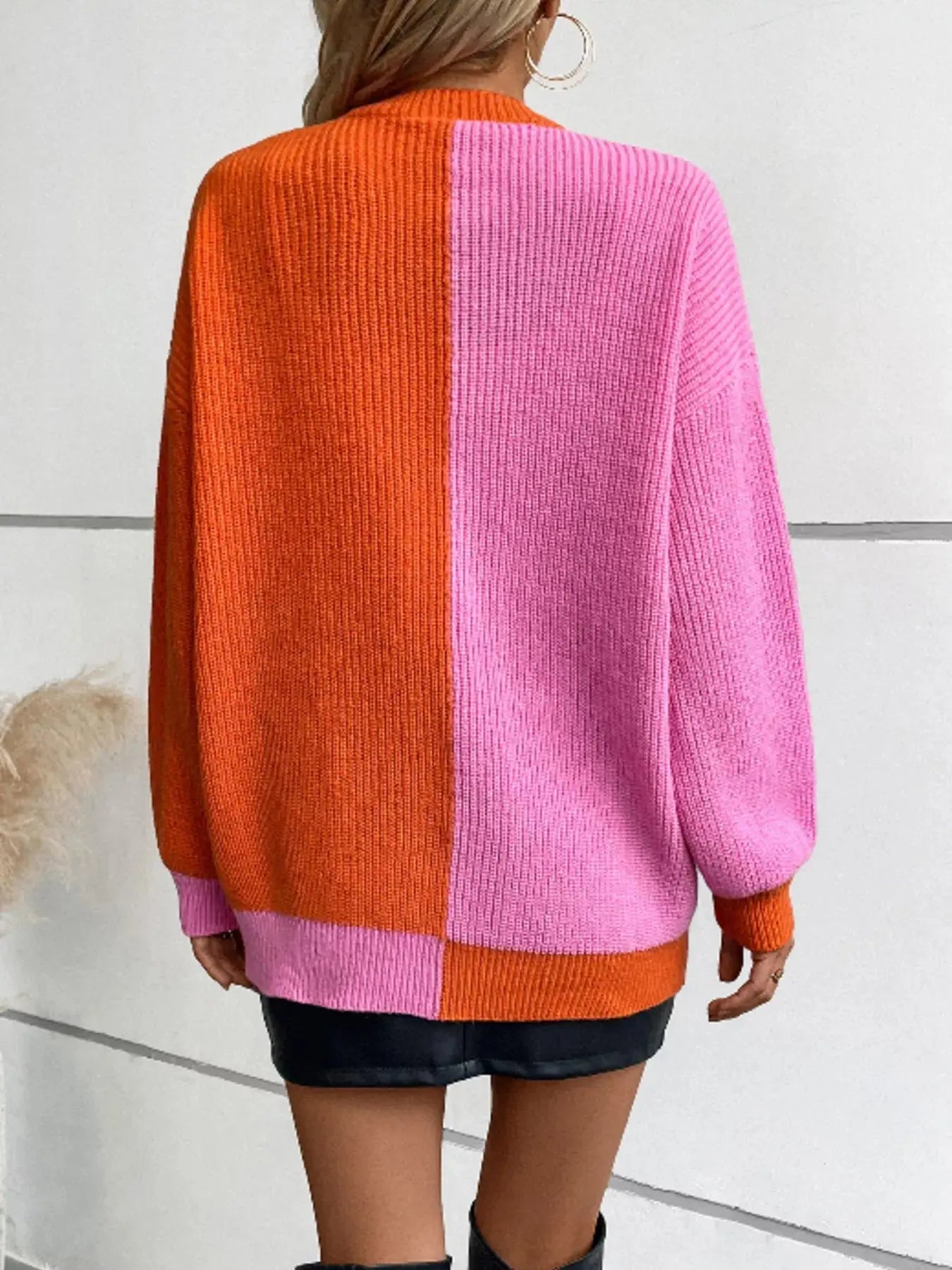 Color Block Open Front Knit Cardigan For Women Pink And Orange Simply Love