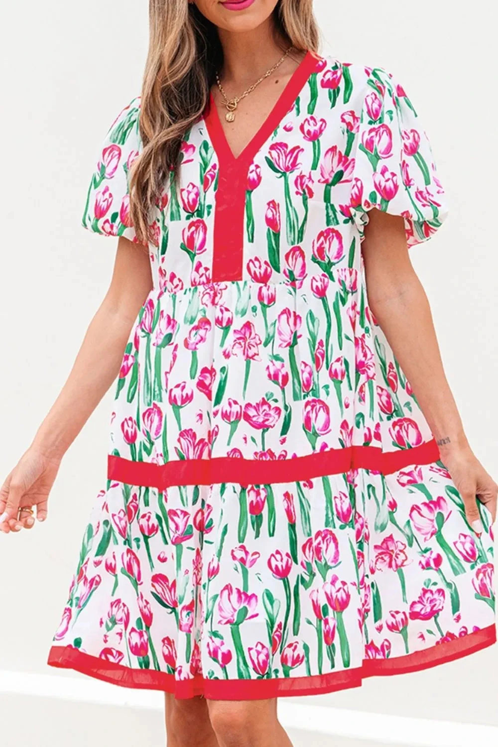 Floral Print Contrast Trim V Neck Bubble Short Sleeve Babydoll Dress Simply Love