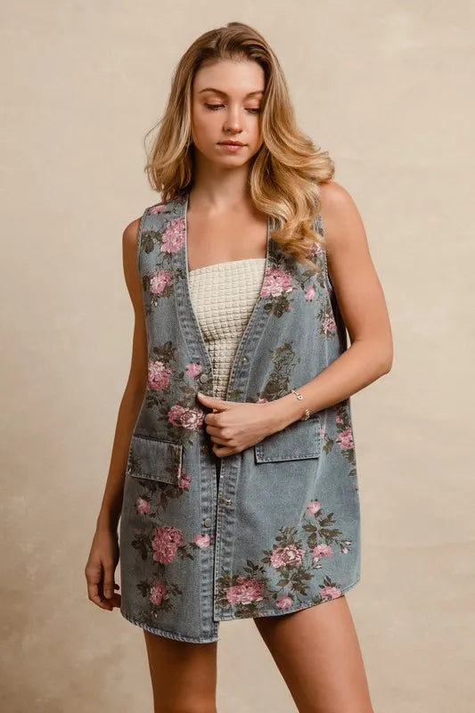 BiBi Floral Print Washed Denim Long Rider Vest - Love Salve 