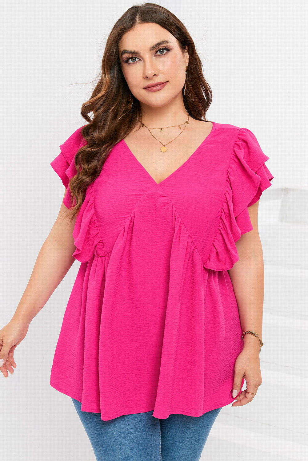 Chic plus size ruffle v-neck tunic with tie-back detail