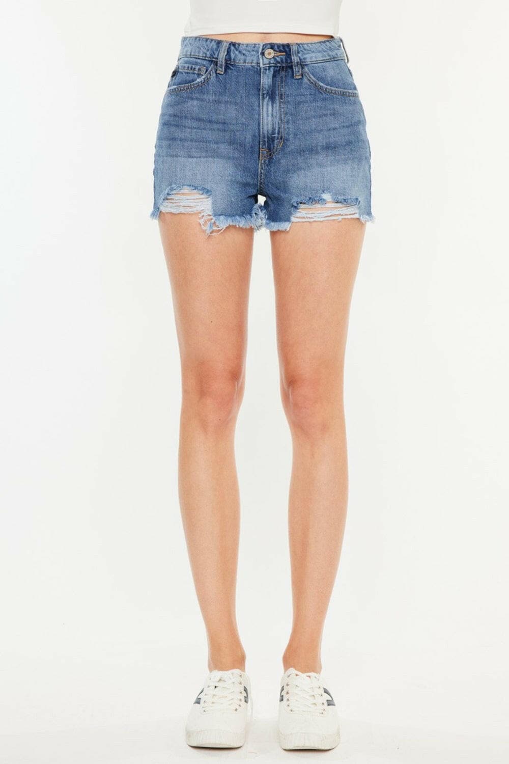 Kancan Distressed Raw Hem High Waist Denim Shorts.