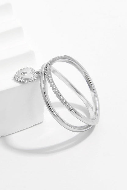 925 Sterling Silver Zircon Heart Charm Ring.