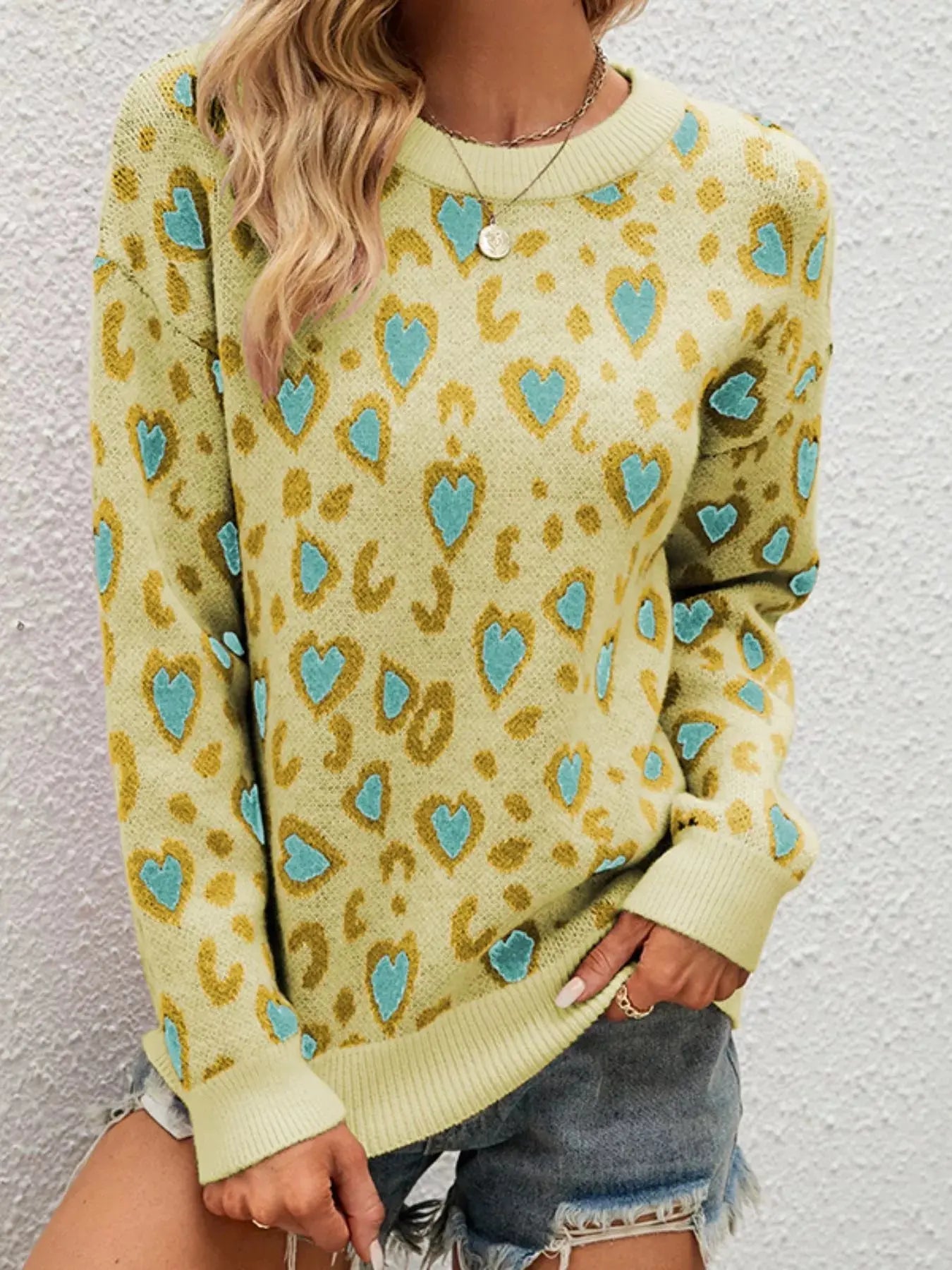 Heart Round Neck Long Sleeve Sweater Simply Love