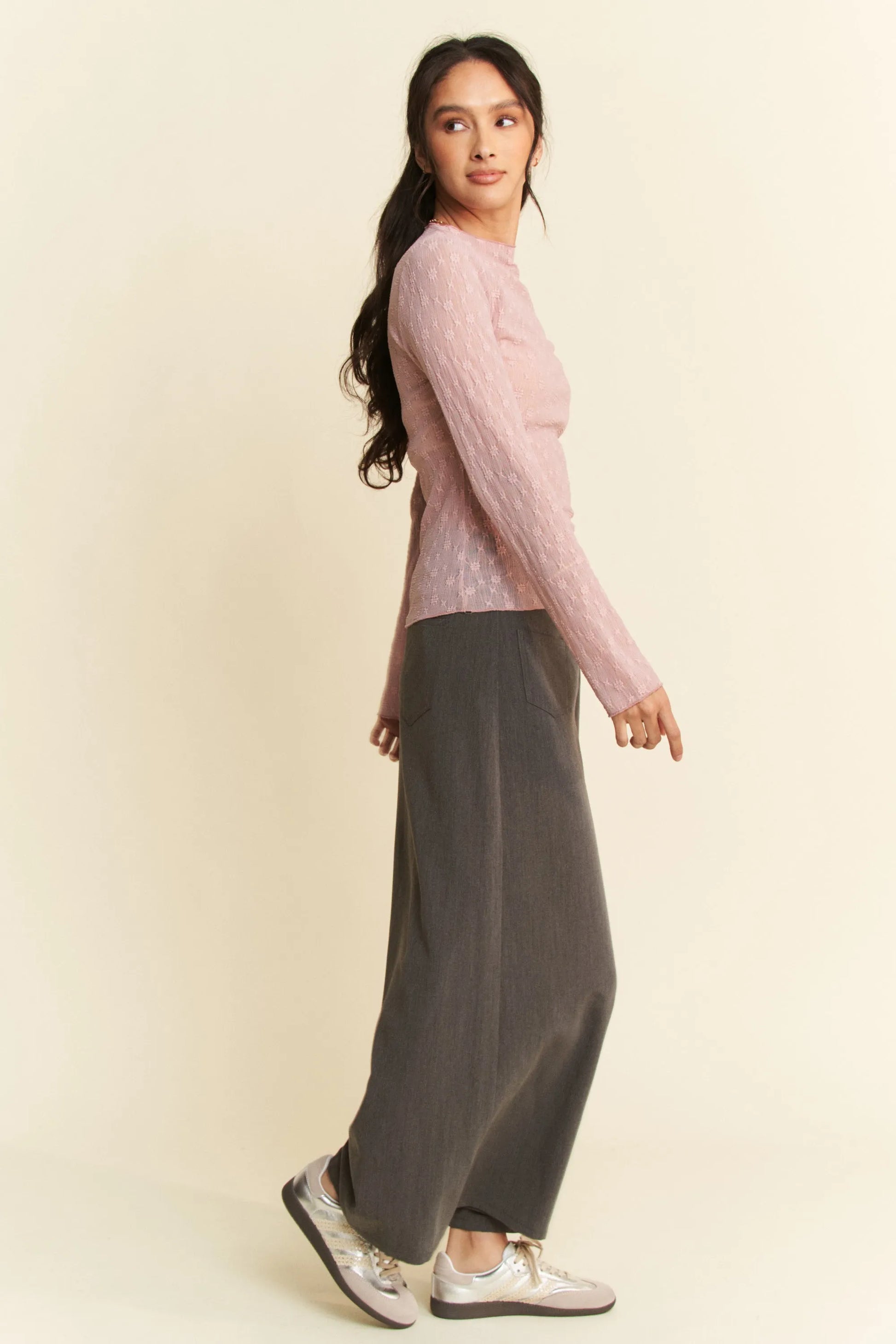 Davi & Dani Long Sleeve Sheer Small Embroidered Bows Lace Top - Love Salve 
