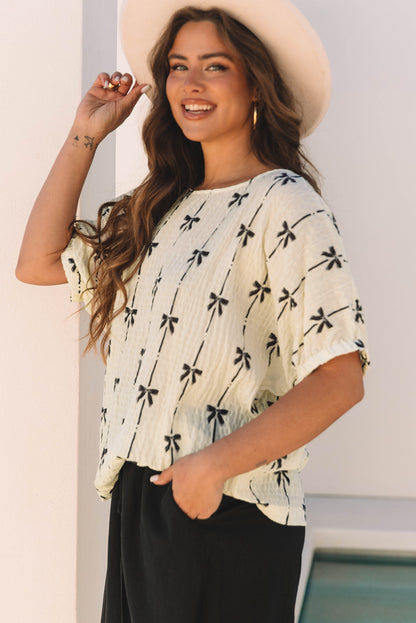 Beige Bow Print Puff Short Sleeve Top for Women Fashion