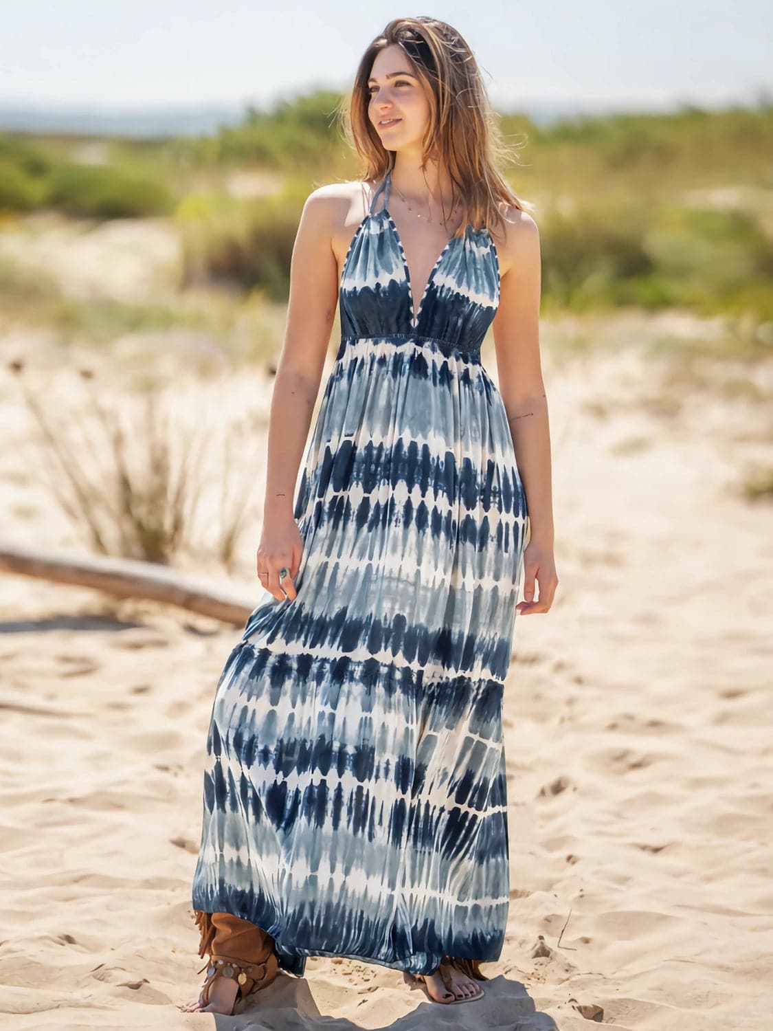 Tie-Dye Halter Neck Sleeveless Dress.