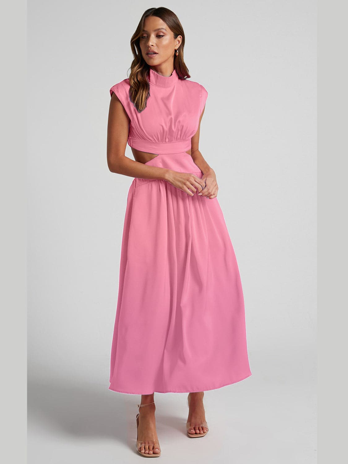 Cutout Mock Neck Sleeveless Ruched Dress.