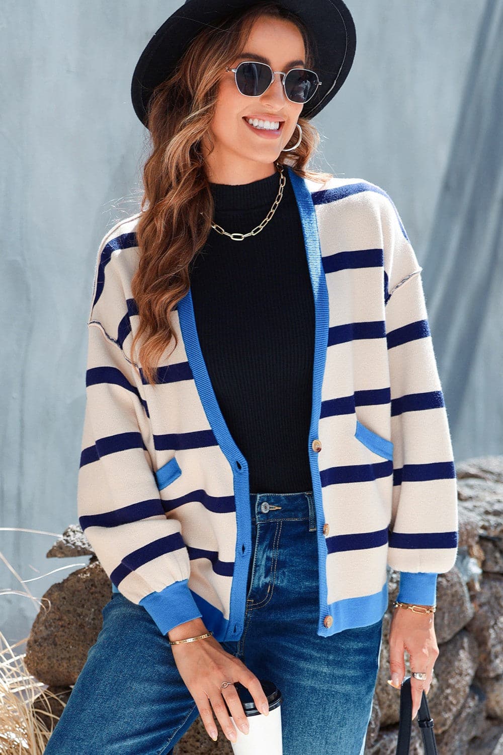 Striped Button Up Long Sleeve Cardigan.