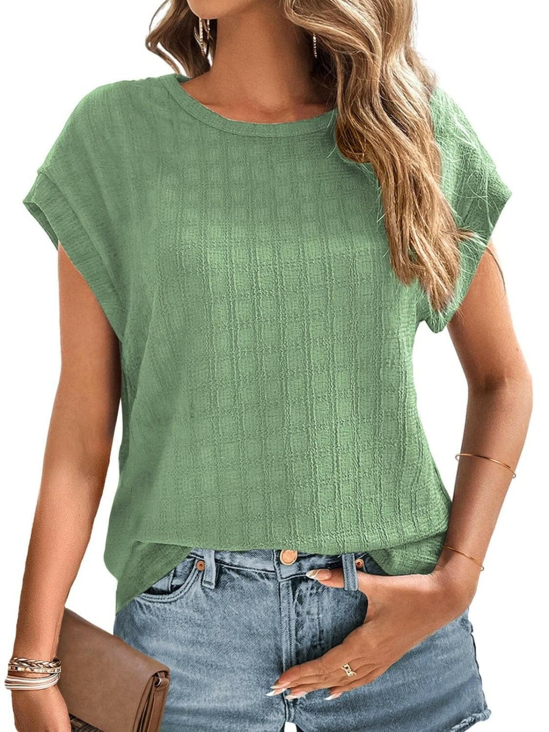 Textured Round Neck Short Sleeve Top.