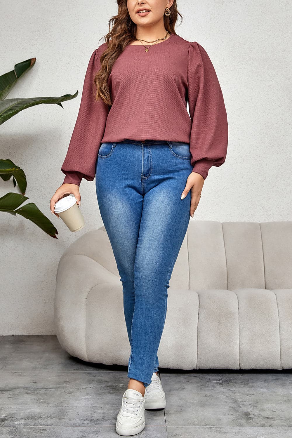 Plus Size Round Neck Puff Sleeve Top.