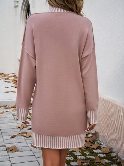 Chic striped mock neck sweater dress with comfortable stretch