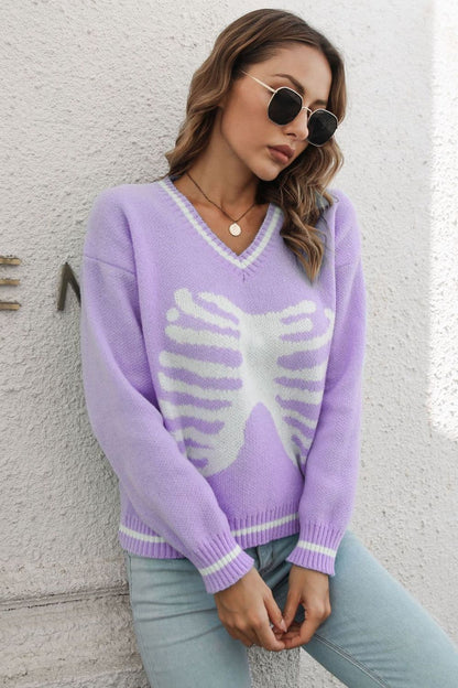 Chic skeleton graphic V-neck pullover sweater