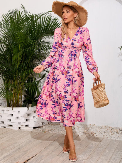 Printed Surplice Long Sleeve Midi Dress.