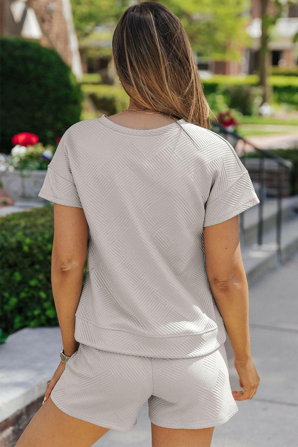 Textured Round Neck T-Shirt and Shorts Set.