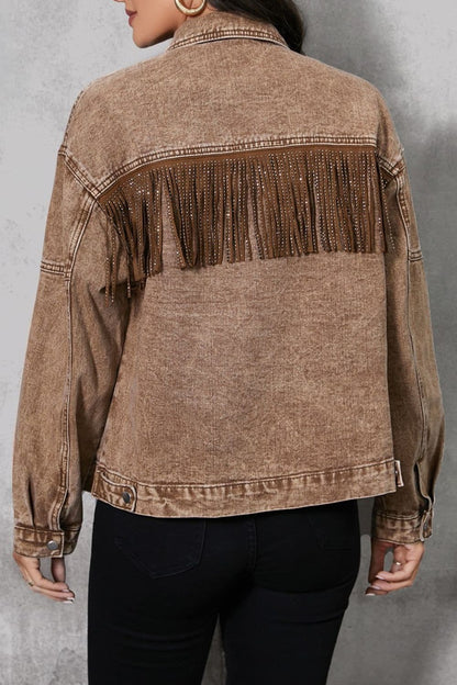 Fringe Trim Snap Down Denim Jacket.