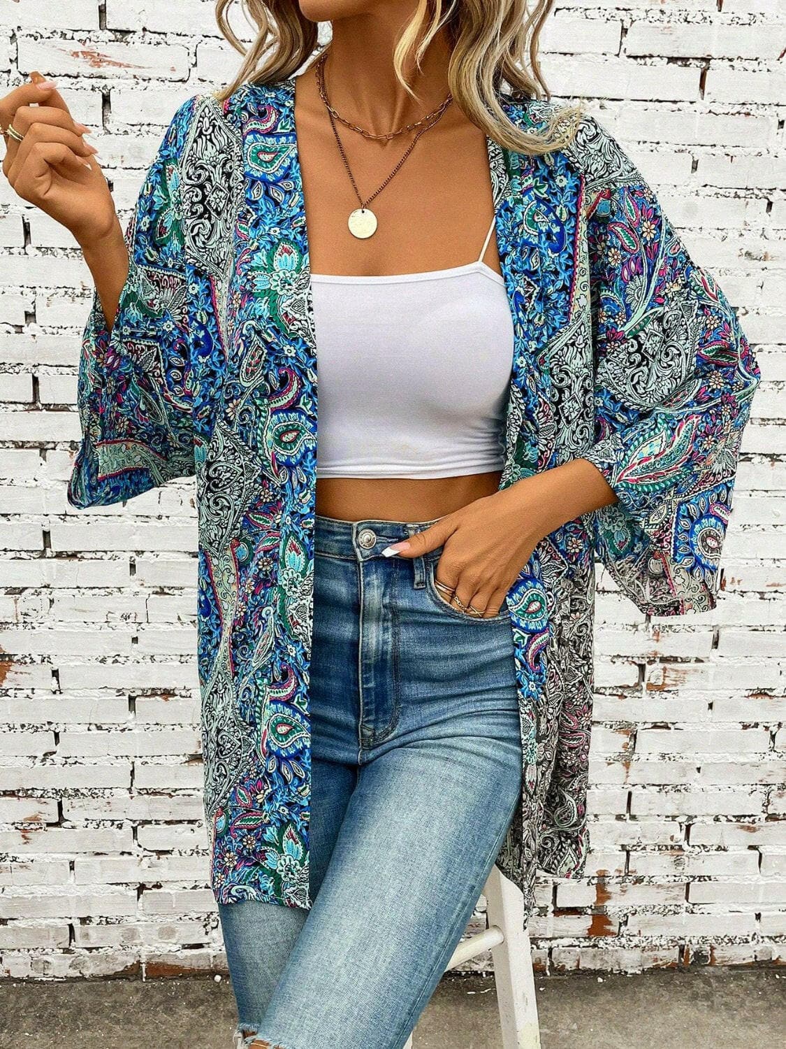 Printed Open Front Three-Quarter Sleeve Cover Up.