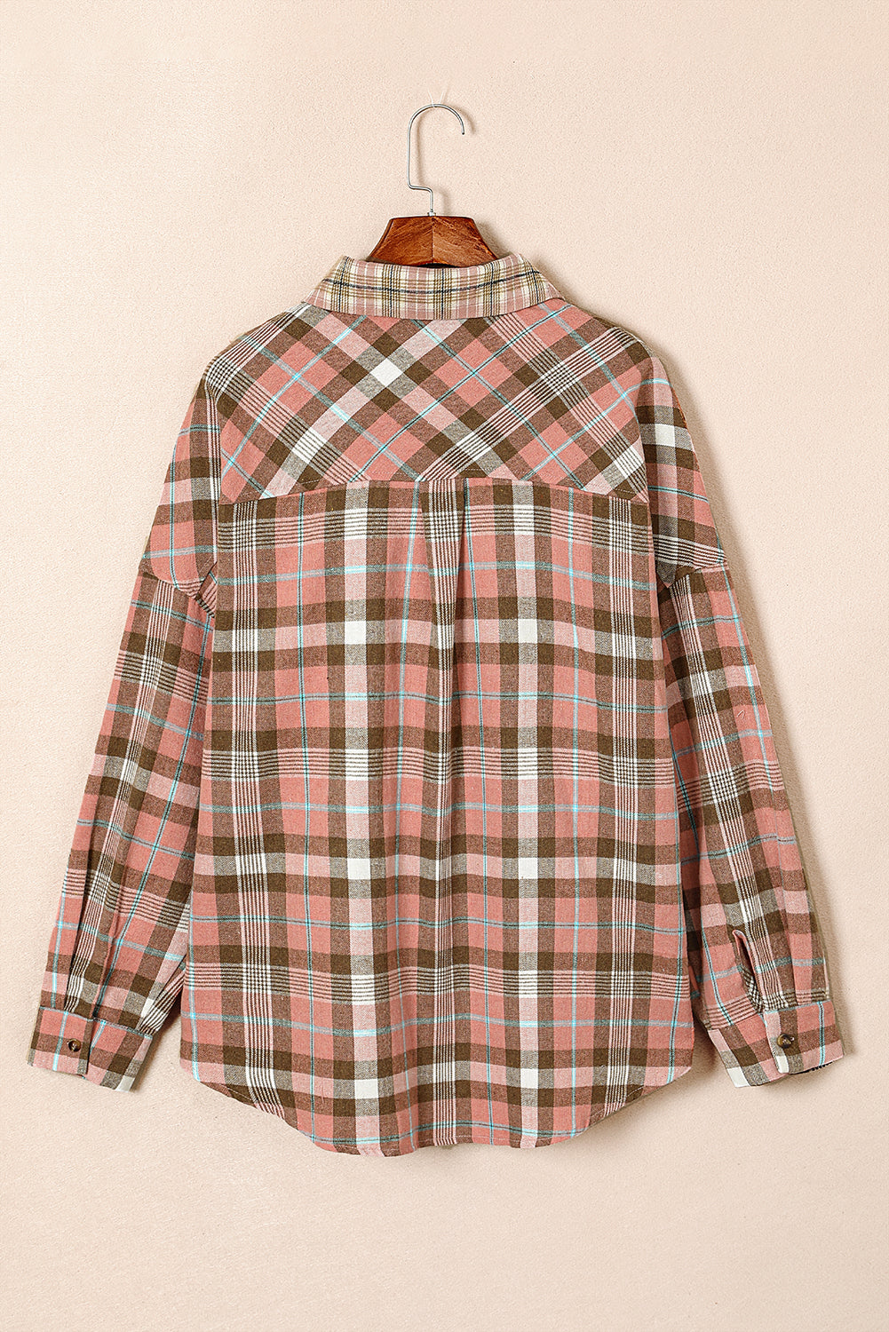 Chic pink plus size plaid long sleeve shirt with pocket detail