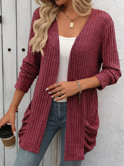 Open Front Long Sleeve Ribbed Cardigan.