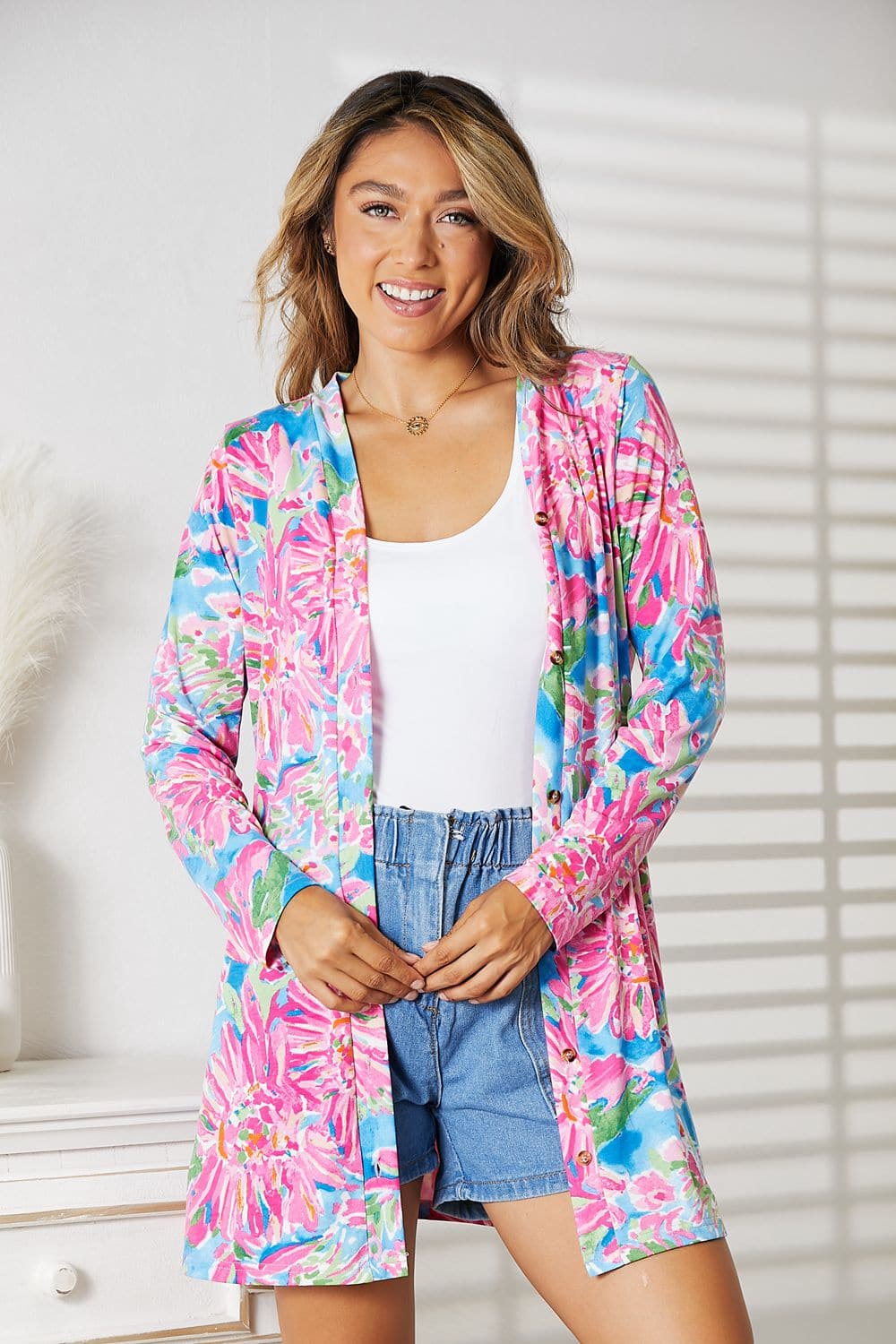 Double Take Floral Open Front Long Sleeve Cardigan.