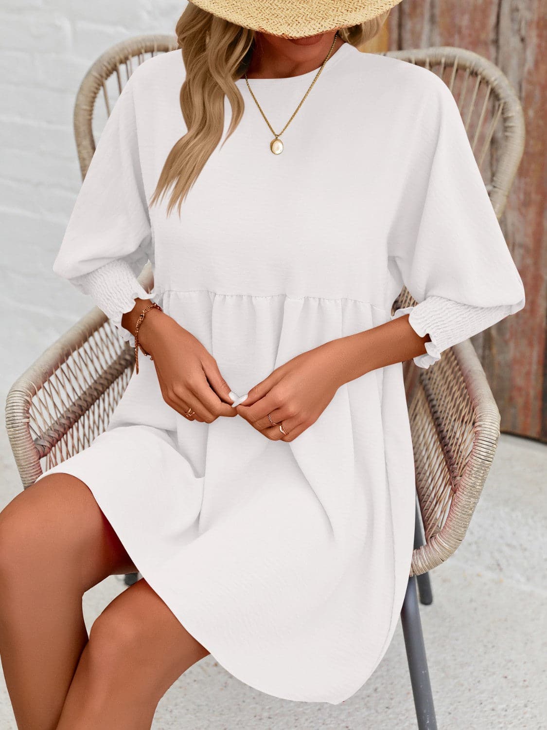 Round Neck Lantern Sleeve Mini DressFeatures: Basic style
Sheer: Opaque
Stretch: Slightly stretchy
Body: Not lined
Material composition: 100% polyester
Care instructions: Machine wash cold. Tumble dry Love Salve Round Neck Lantern Sleeve Mini Dress