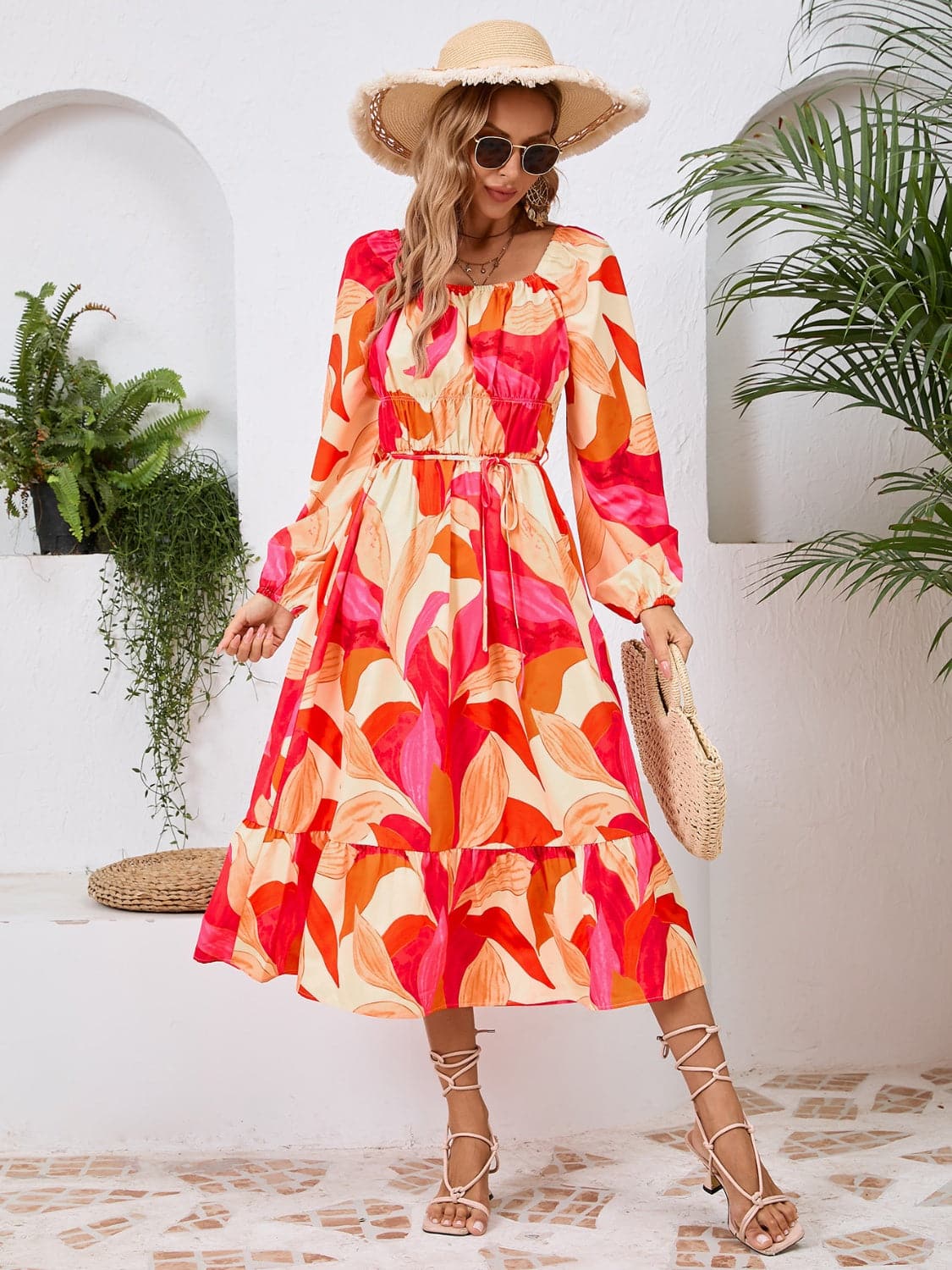 Printed Long Sleeve Midi Dress.