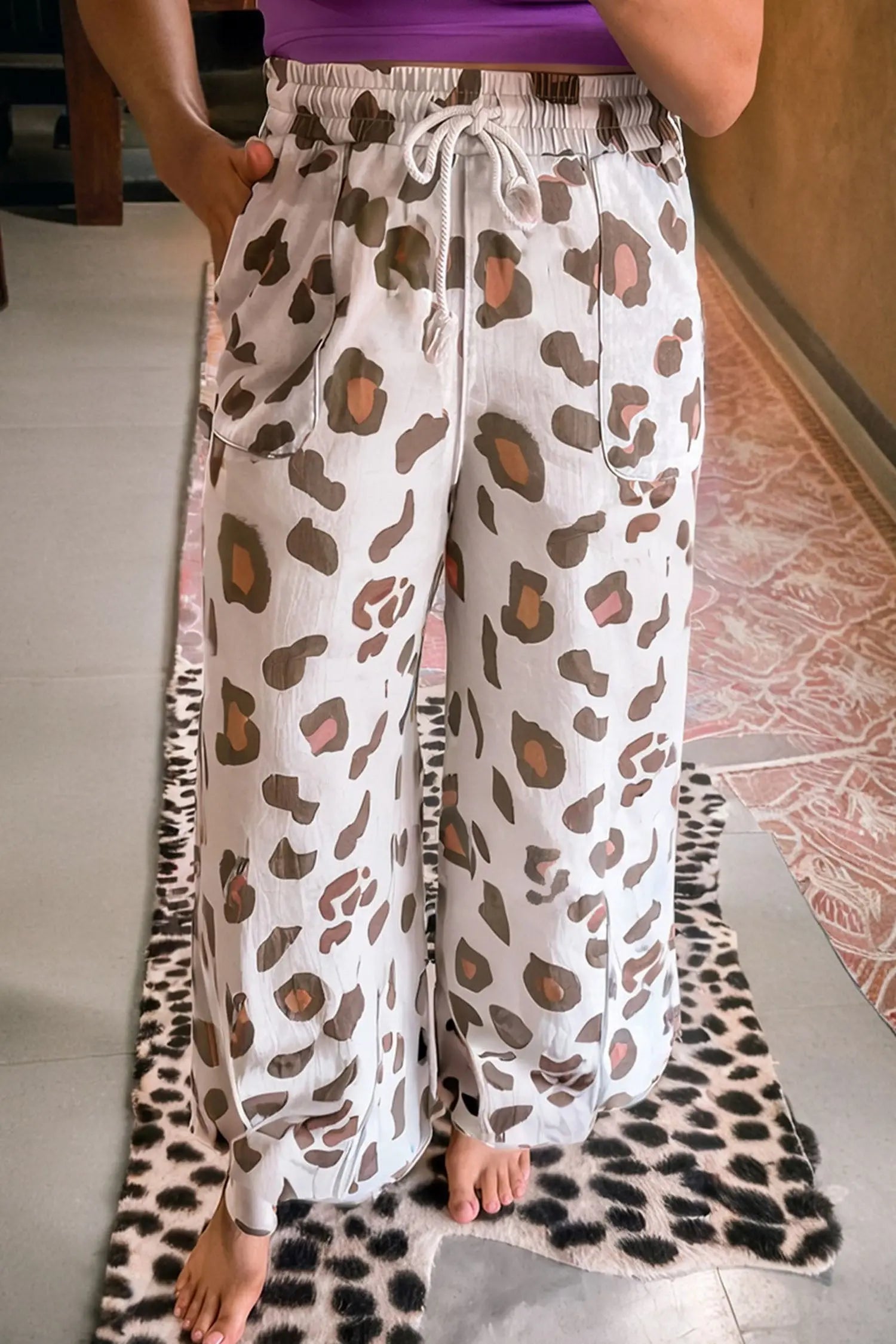 Beige Leopard Print Patch Pocket Drawstring Loose Pants Dear-Lover Dropshipping