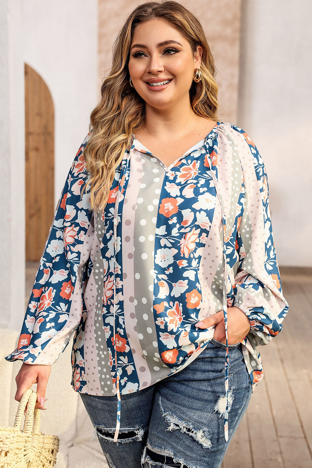 Colorful plus size mixed print blouse with split neckline