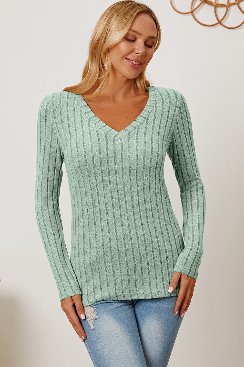 Versatile ribbed v-neck long sleeve tee for every occasion