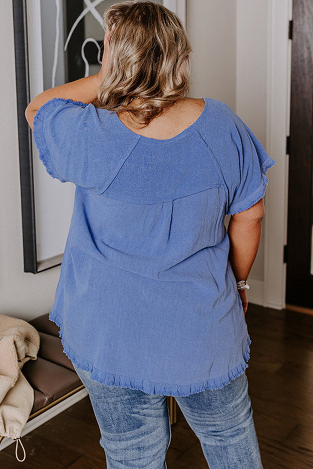 Chic Ashleigh blue plus size frayed edge short sleeve top