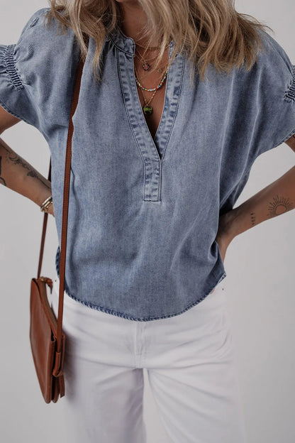 V Neck Ruffled Short Puff Sleeve Denim Top