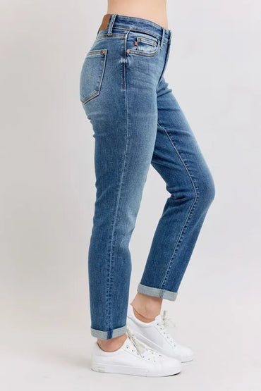 Judy Blue Plus Size Mid Rise Skinny Cuff Jeans with Pockets - Love Salve 