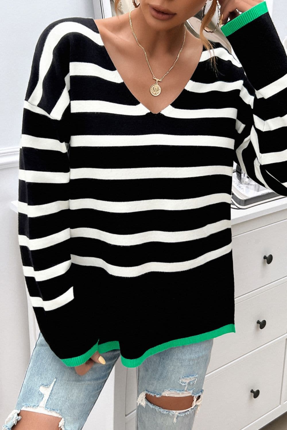 Striped V-Neck Long Sleeve Knit Top.