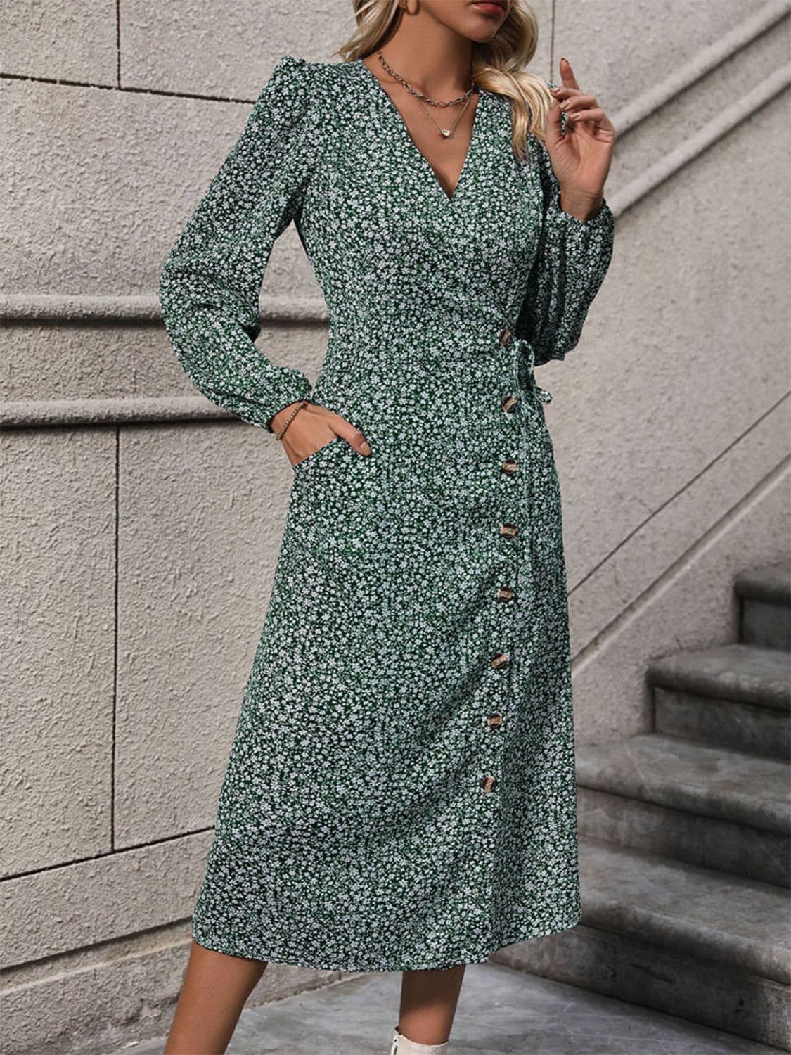 Printed Surplice Long Sleeve Midi Dress.