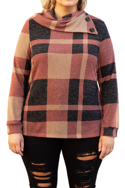 Mineral red plus size plaid top with asymmetric neckline and button details