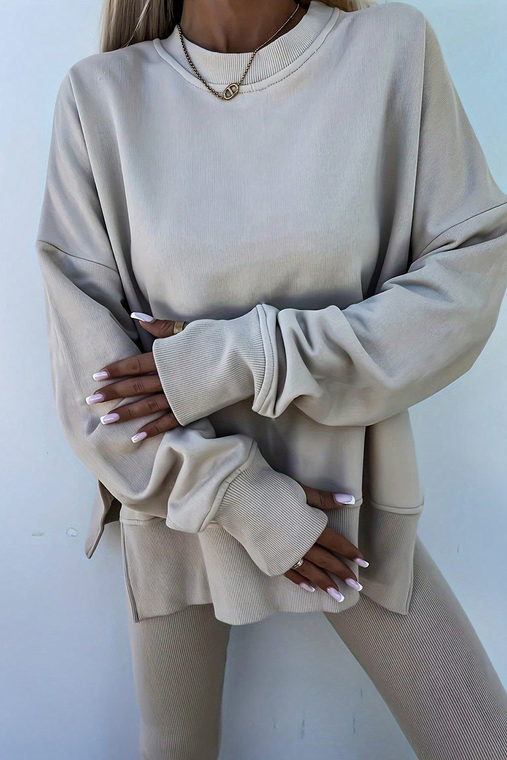 Premium Jet Stream Oversize Slit Sweatshirt Ribbed Leggings 2pc Set