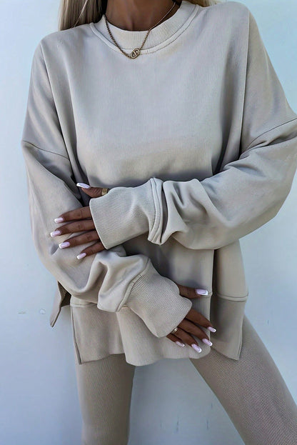 Premium Jet Stream Oversize Slit Sweatshirt Ribbed Leggings 2pc Set