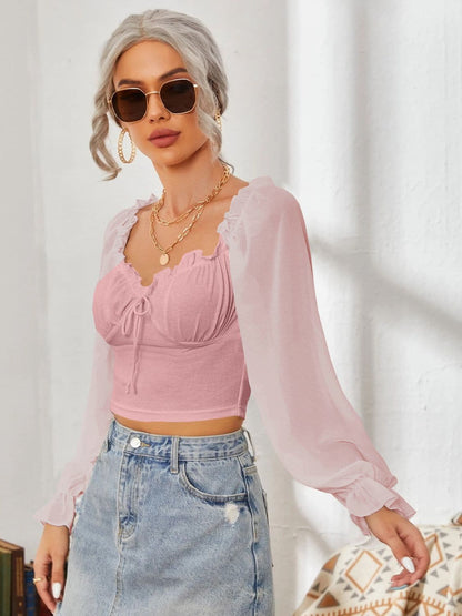 Mesh Sweetheart Neck Flounce Sleeve Top.