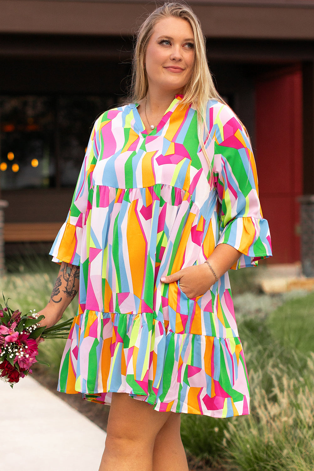 Vibrant multicolour plus size abstract print tiered mini dress with ruffles