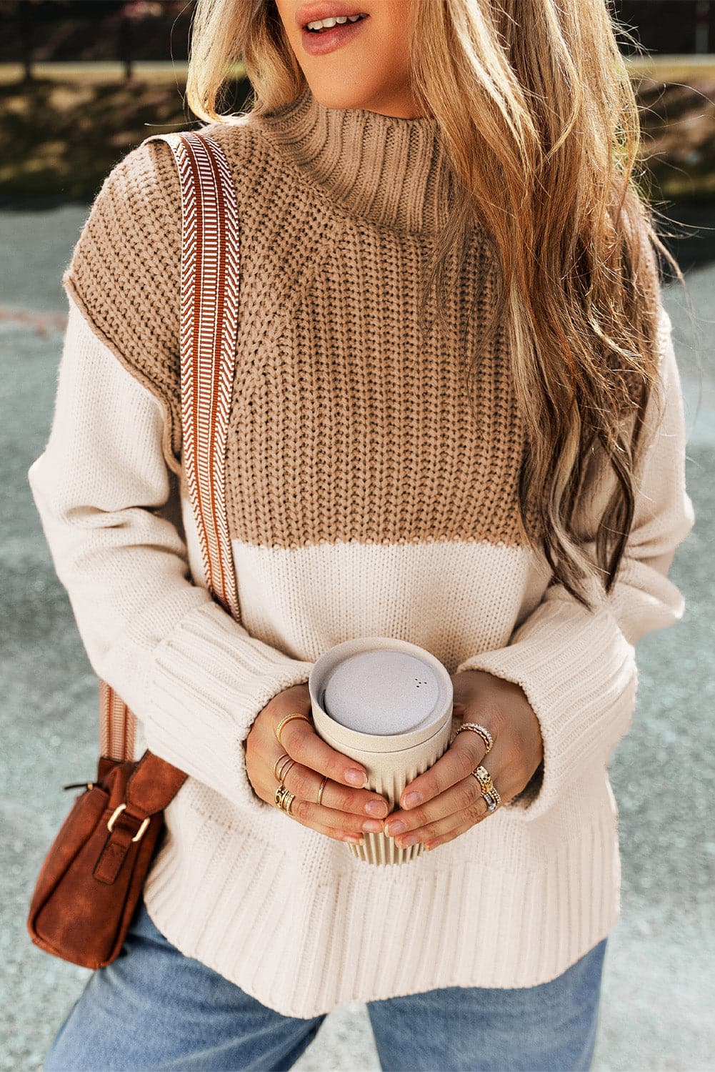 Color Block Slit Mock Neck Sweater.