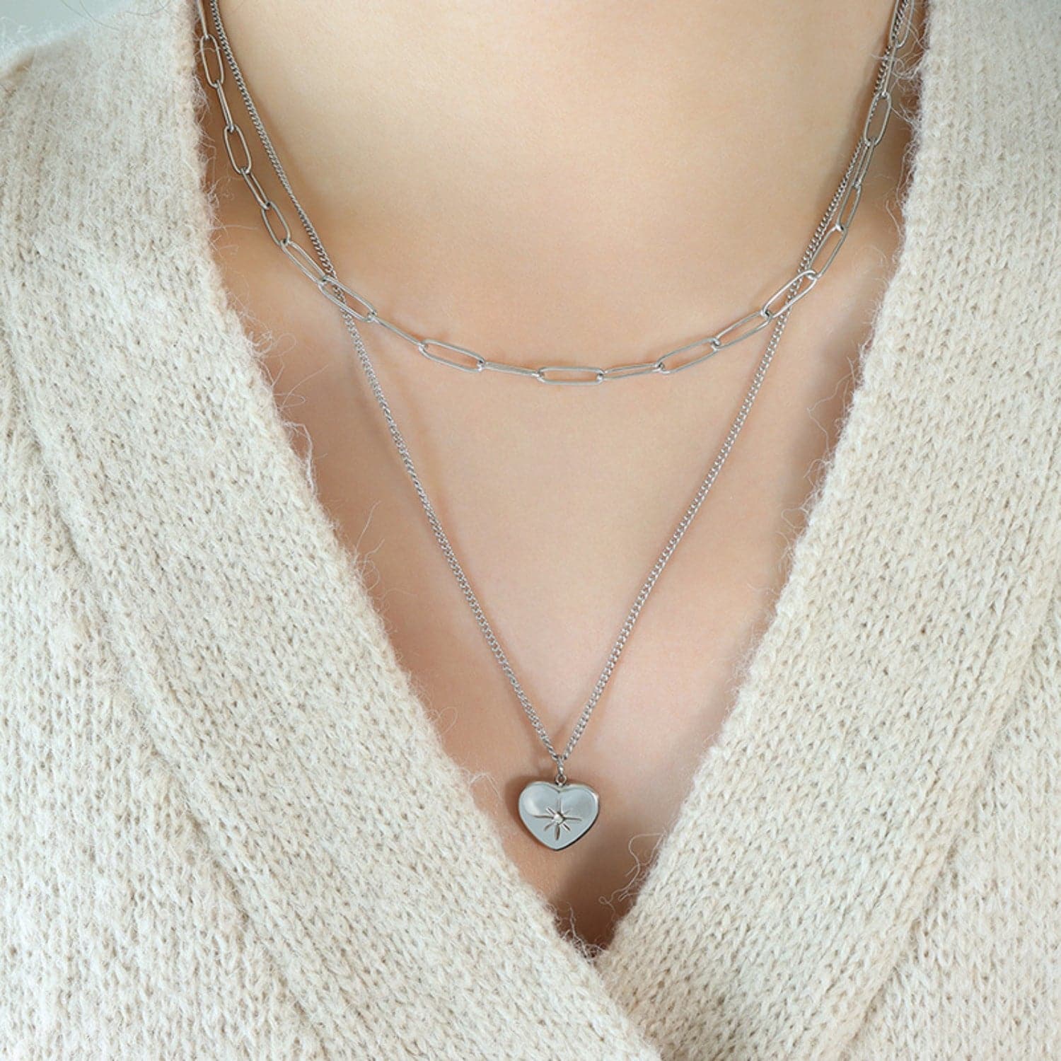 Inlaid Zircon Double Layered Heart Pendant Necklace.