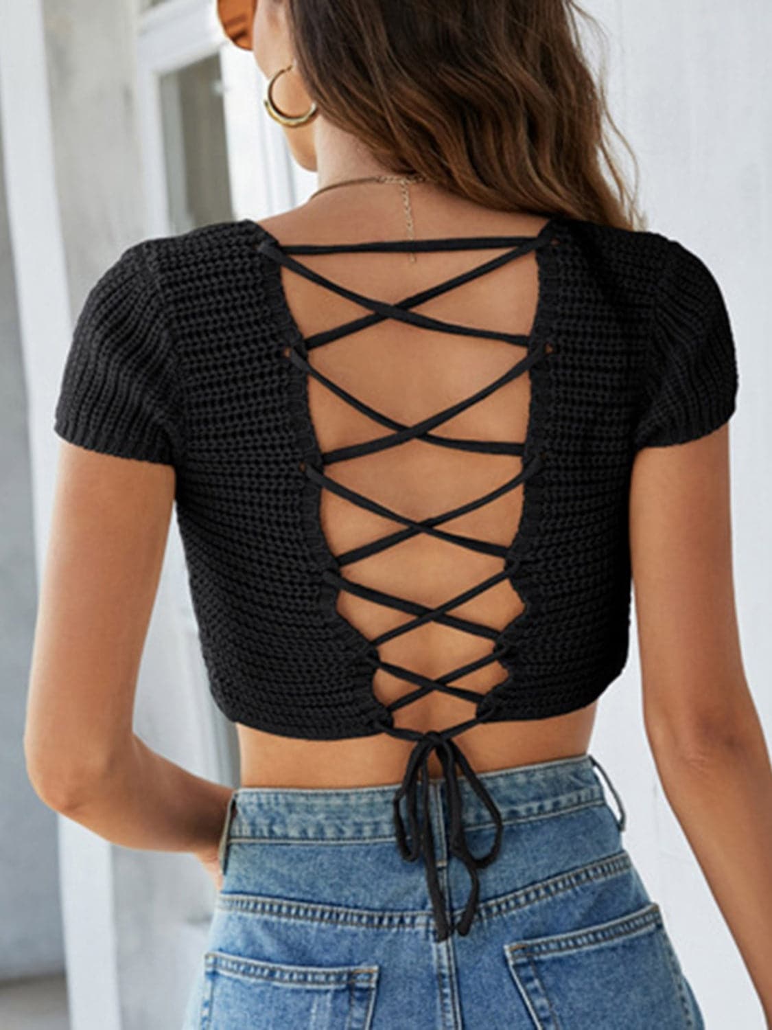 Lace-Up Openwork Square Neck Sweater.