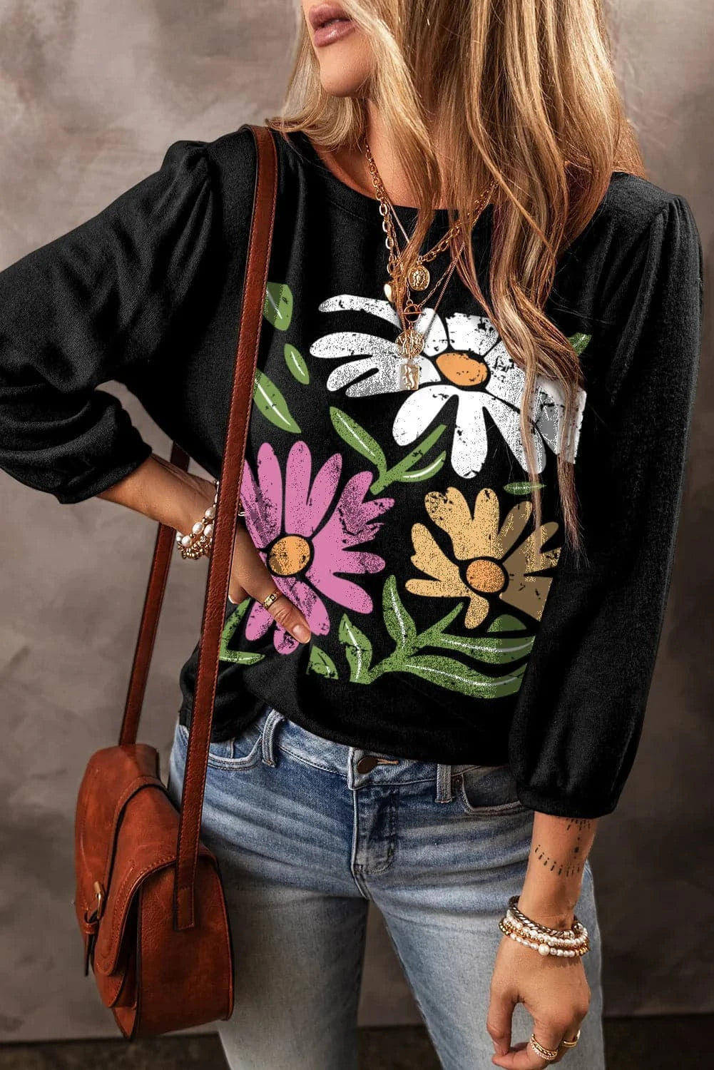 Flower Graphic Round Neck Long Sleeve Top.