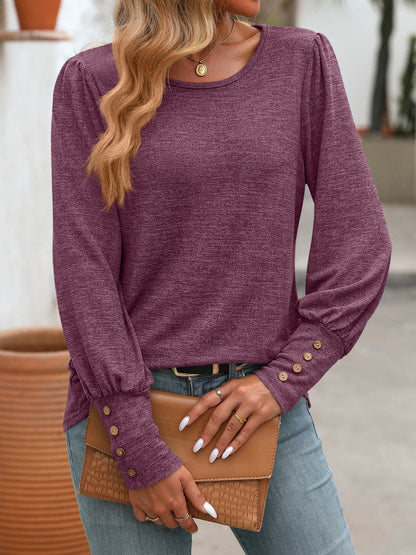 Decorative Button Round Neck Long Sleeve T-Shirt.