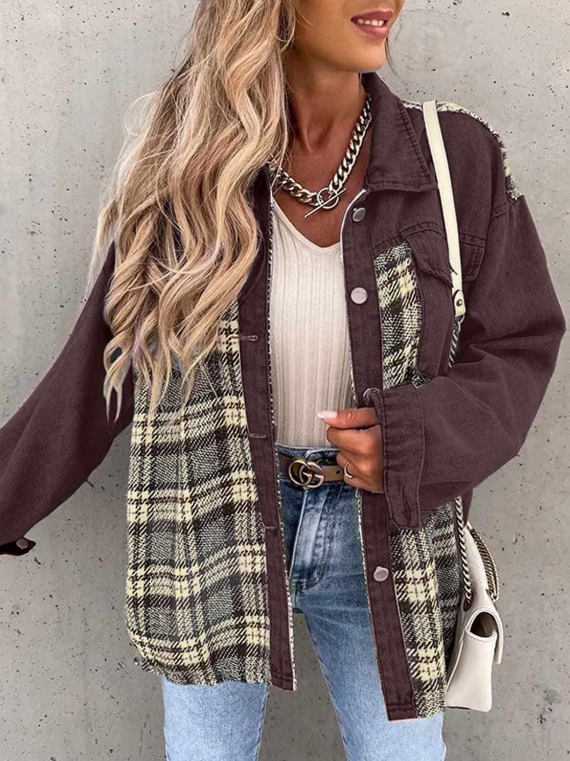 Plaid Button Up Dropped Shoulder Jacket.