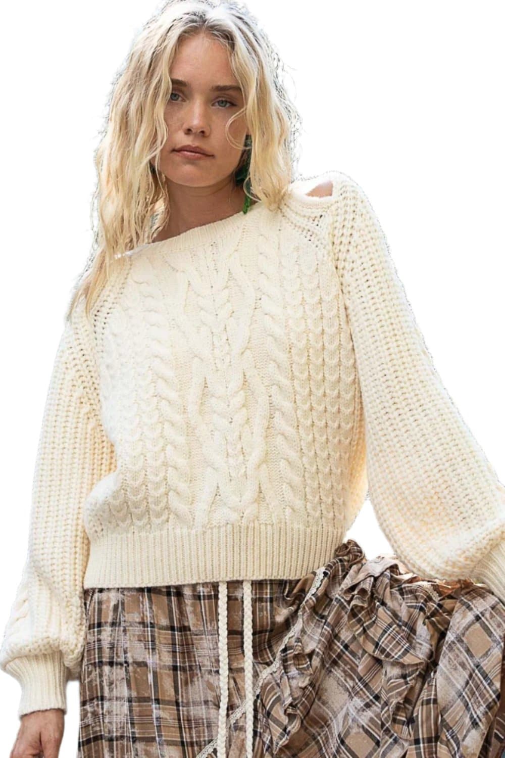 POL Cable Knit Cutout Long Sleeve Sweater.