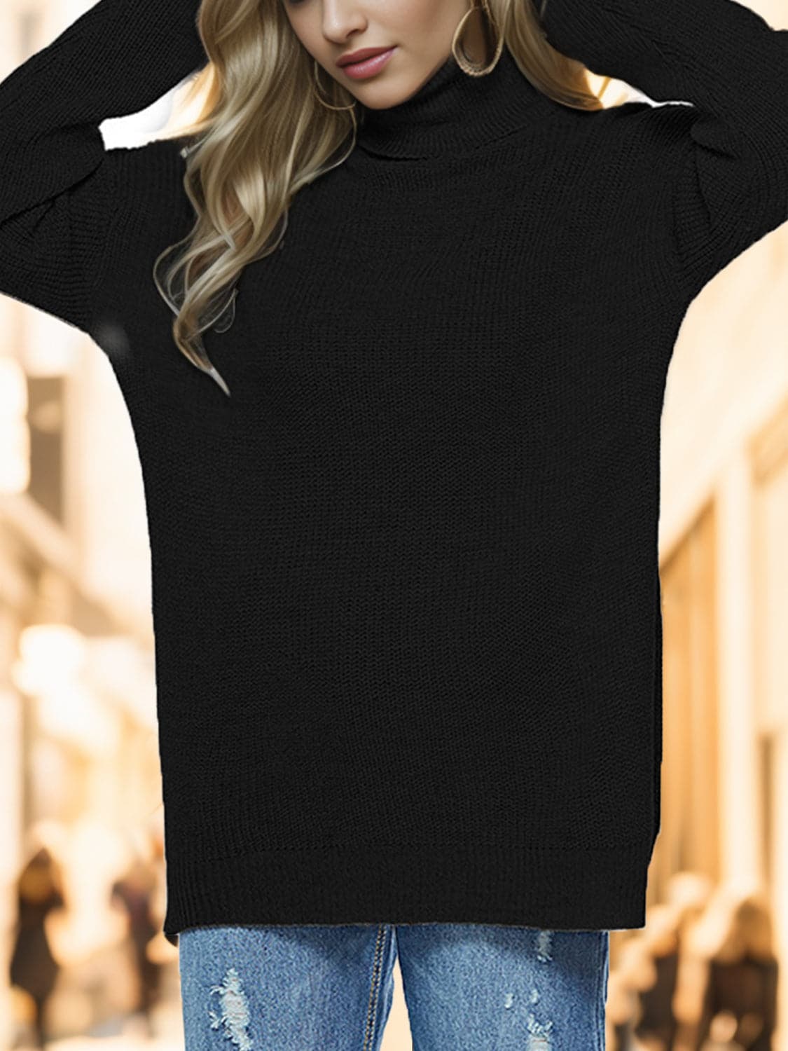 Turtleneck Drop Shoulder Long Sleeve Sweater.