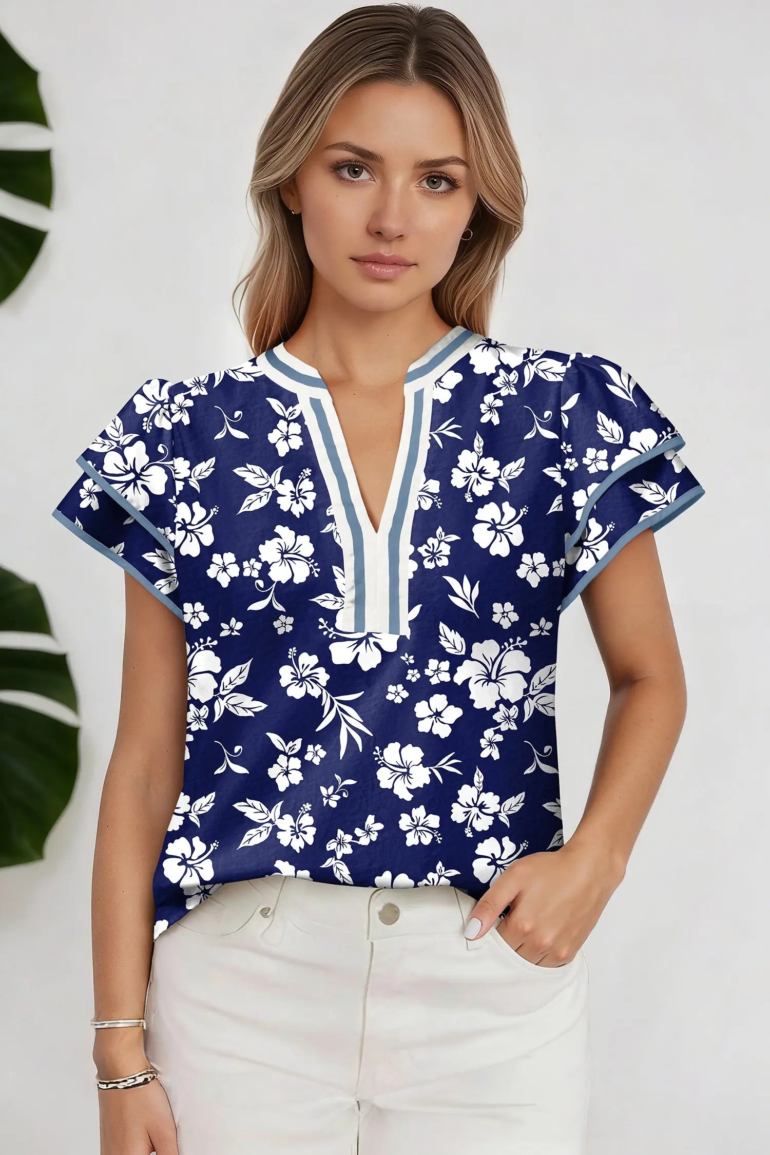 Blue Floral Print Short Sleeve With Split Neck And Double Ruffle Contrast Trim Dear-Lover Dropshipping