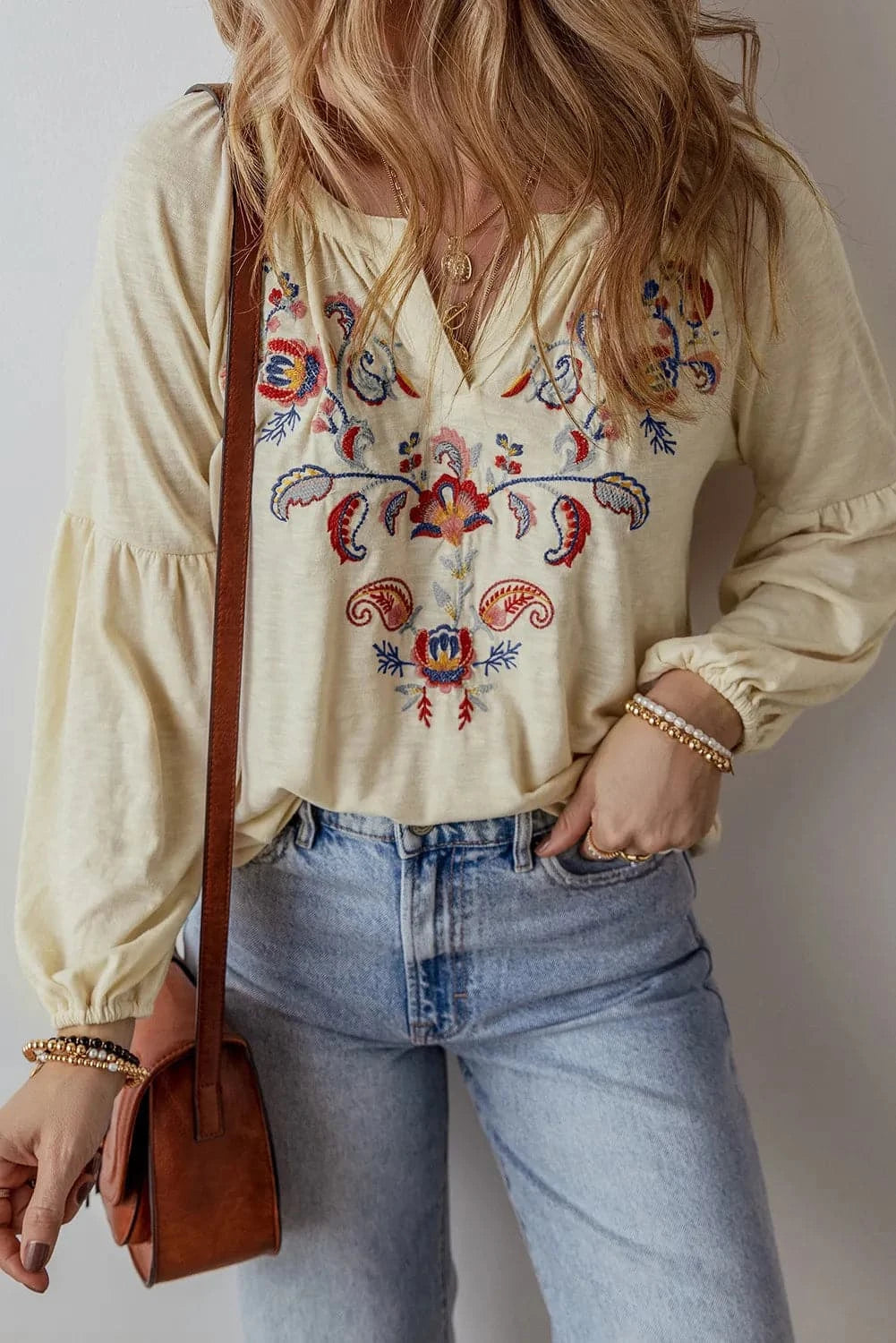 Embroidered sheer long sleeve top