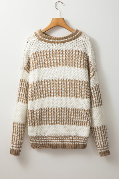 Chic brown striped oversized sweater with drop shoulders